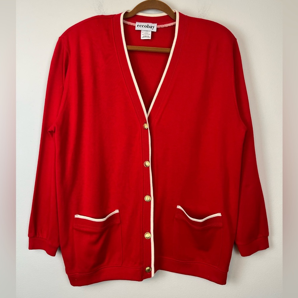 Vintage Eccobay Red Knit Gold Tone Buttons Sailor Nautical Cardigan Large